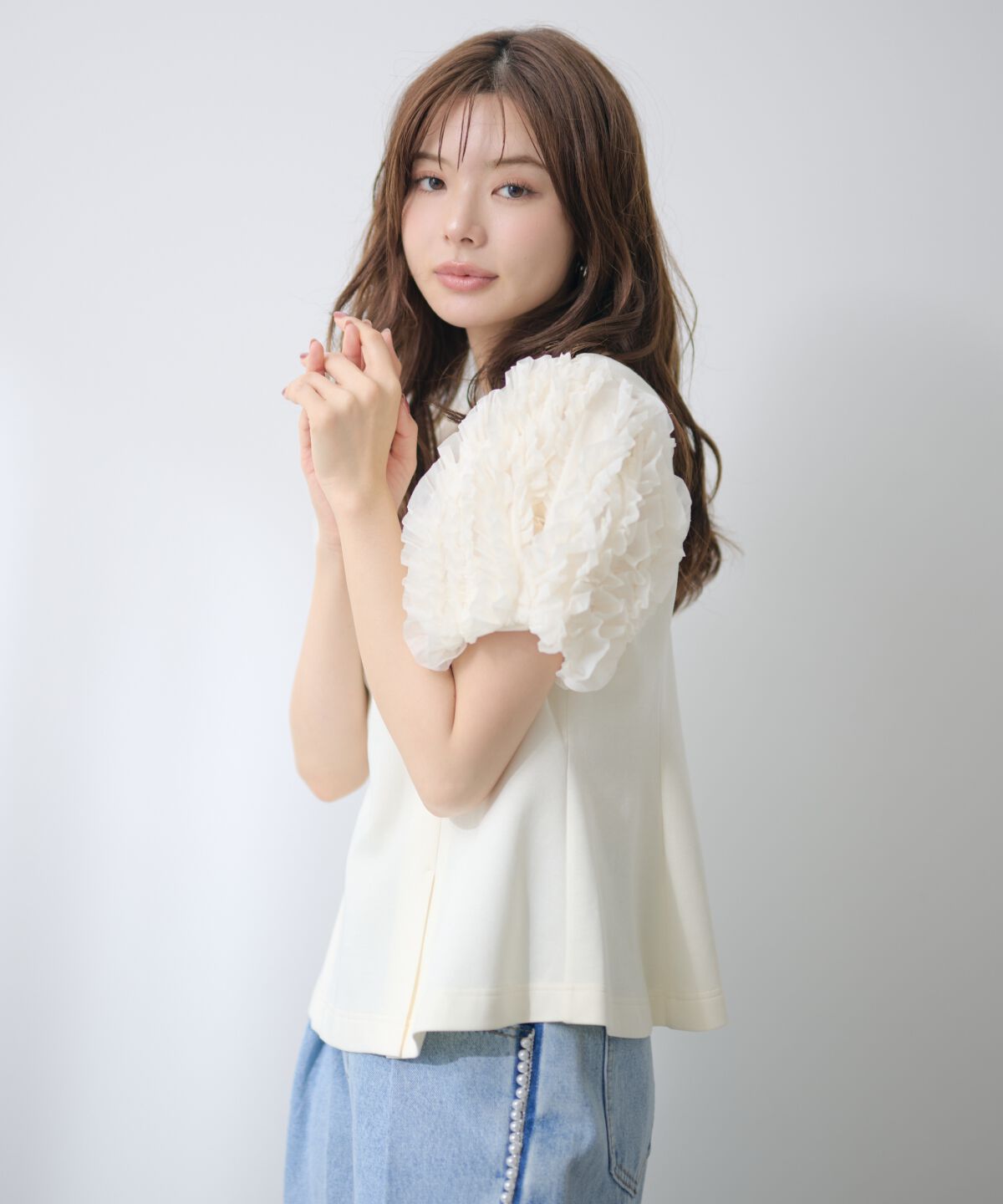 アンドクチュール「フリルスリーブペプラムカットプルオーバー」|Tシャツ・カットソー|