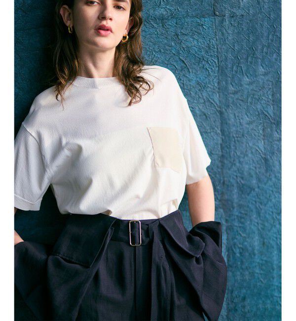 BEIGE,「【洗える】NADIA / レザーポケット付き半袖ニットTシャツ」|ニット・セーター|Ecru