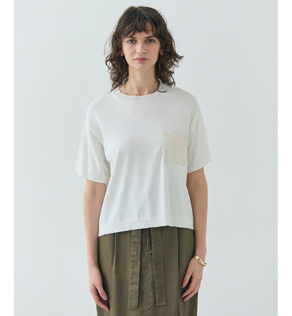 BEIGE,「【洗える】NADIA / レザーポケット付き半袖ニットTシャツ」|ニット・セーター|