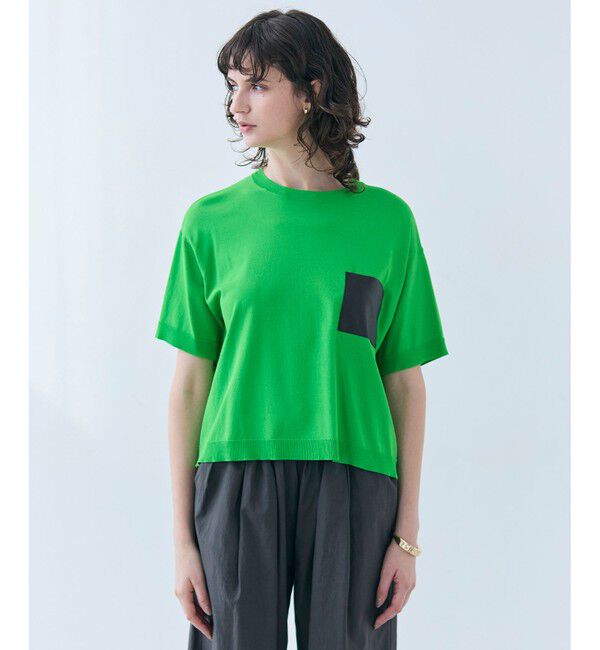 BEIGE,「【洗える】NADIA / レザーポケット付き半袖ニットTシャツ」|ニット・セーター|Green