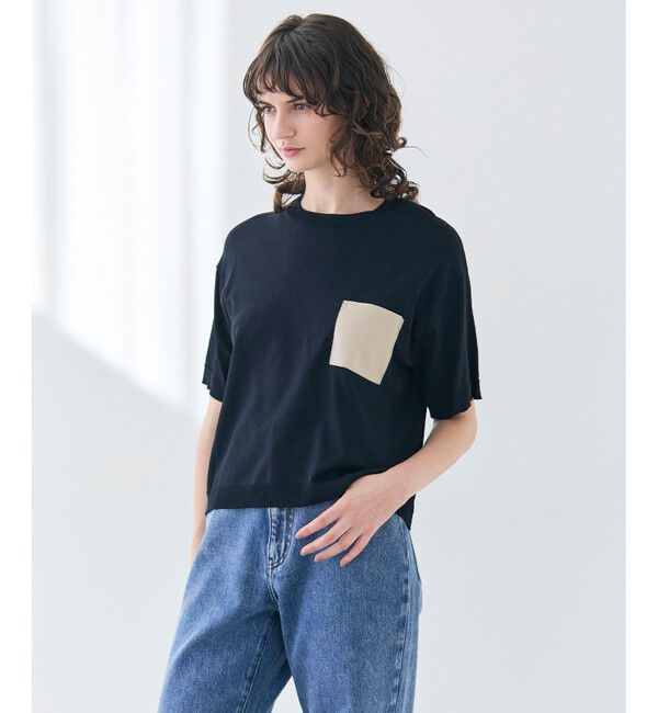 BEIGE,「【洗える】NADIA / レザーポケット付き半袖ニットTシャツ」|ニット・セーター|Navy