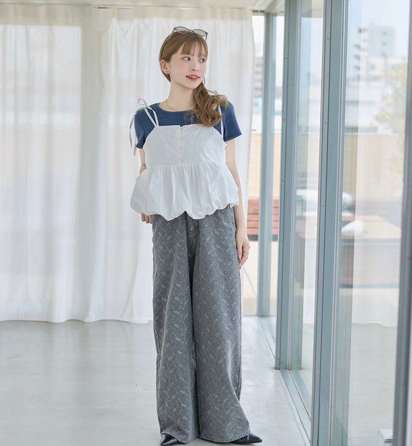  「【下半身痩せ/2サイズ展開】ワイドフラワーエンブロイダリーデニム」|デニム|