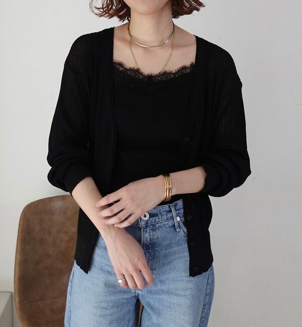Rouge vif「【一部店舗限定】レースキャミ付きニットアンサンブル/カーディガン/レーストップス」|カーディガン|ブラック