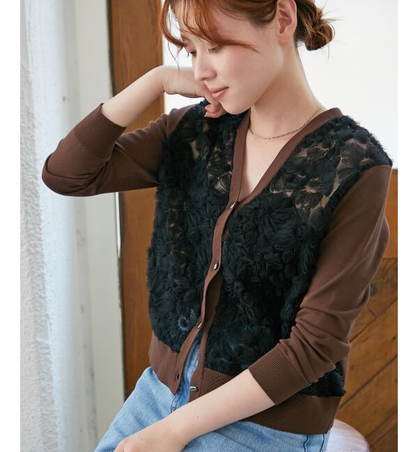  「【長袖】チュール刺繍Vネックカーディガン」|カーディガン|