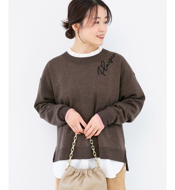  「《手洗い可能》ネック刺繍クルーネックニット」|ニット・セーター|