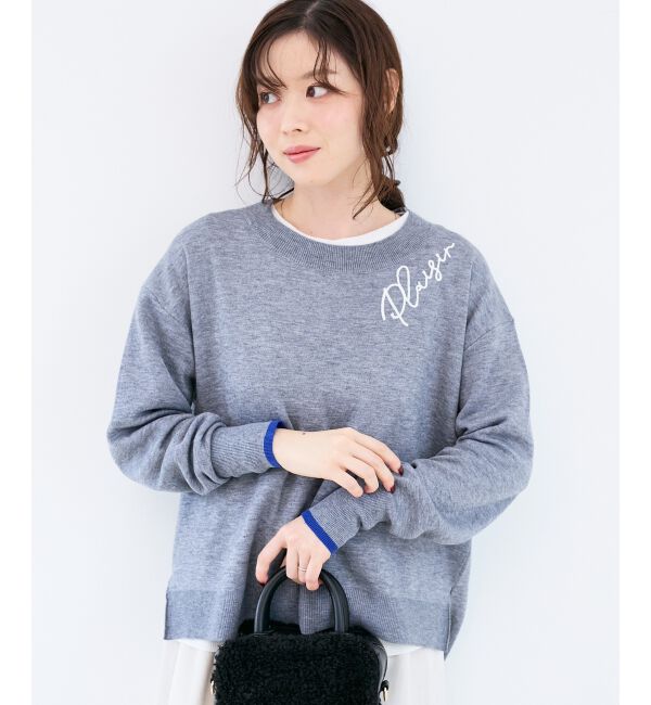  「《手洗い可能》ネック刺繍クルーネックニット」|ニット・セーター|
