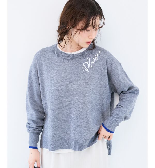  「《手洗い可能》ネック刺繍クルーネックニット」|ニット・セーター|