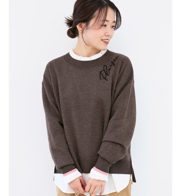  「《手洗い可能》ネック刺繍クルーネックニット」|ニット・セーター|ブラウン