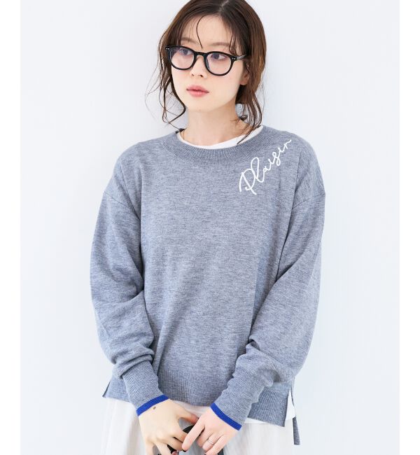  「《手洗い可能》ネック刺繍クルーネックニット」|ニット・セーター|グレー