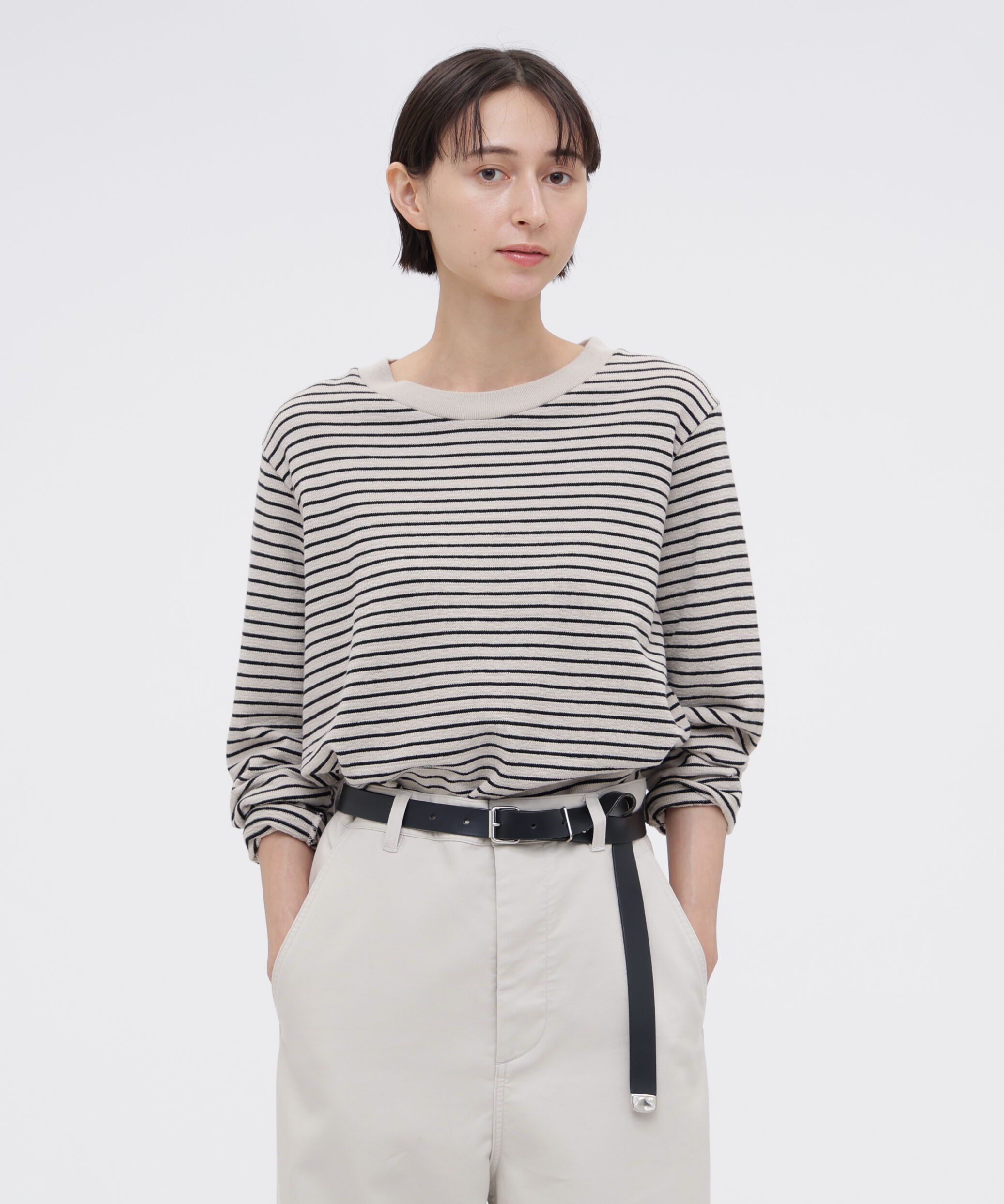 MHL.「TEXTURED COTTON STRIPE TOP」|Tシャツ・カットソー|LIGHT BEIGE1