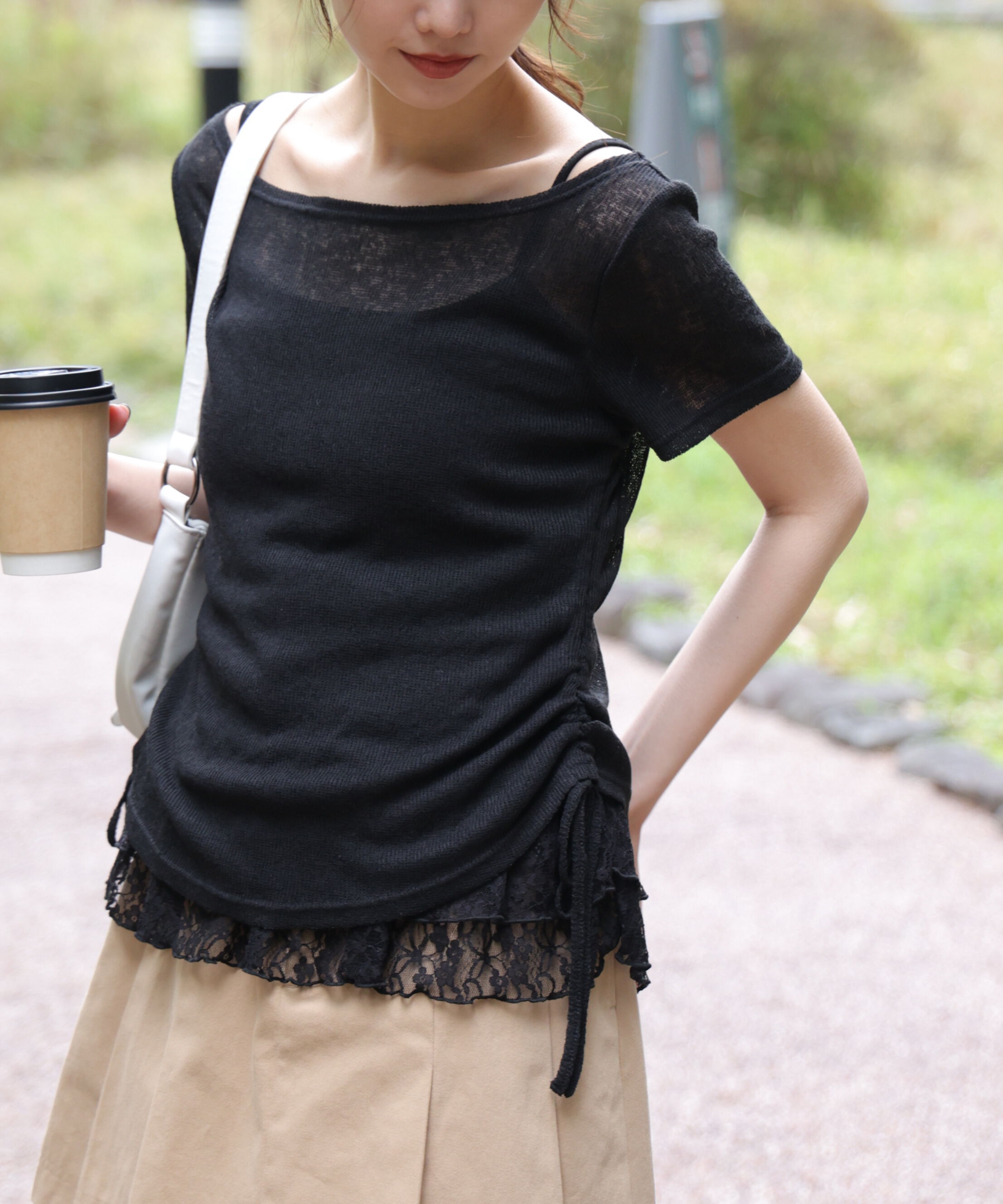  「メランジドロスト半袖レースティアードキャミセット」|Tシャツ・カットソー|ブラック