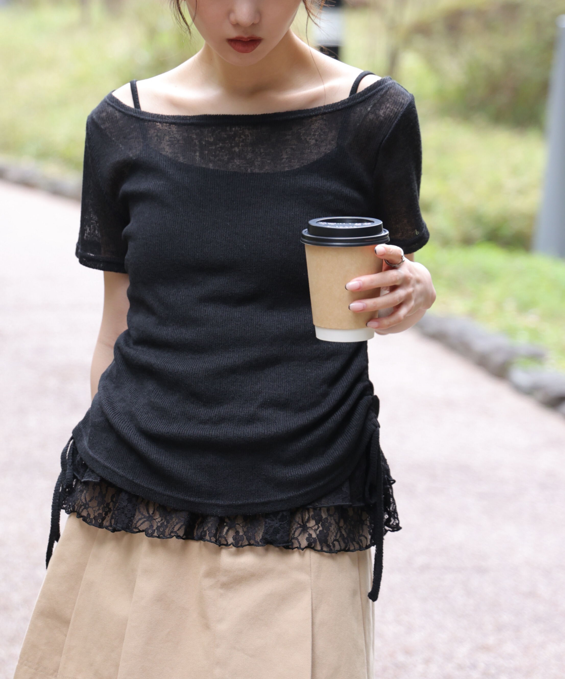  「メランジドロスト半袖レースティアードキャミセット」|Tシャツ・カットソー|