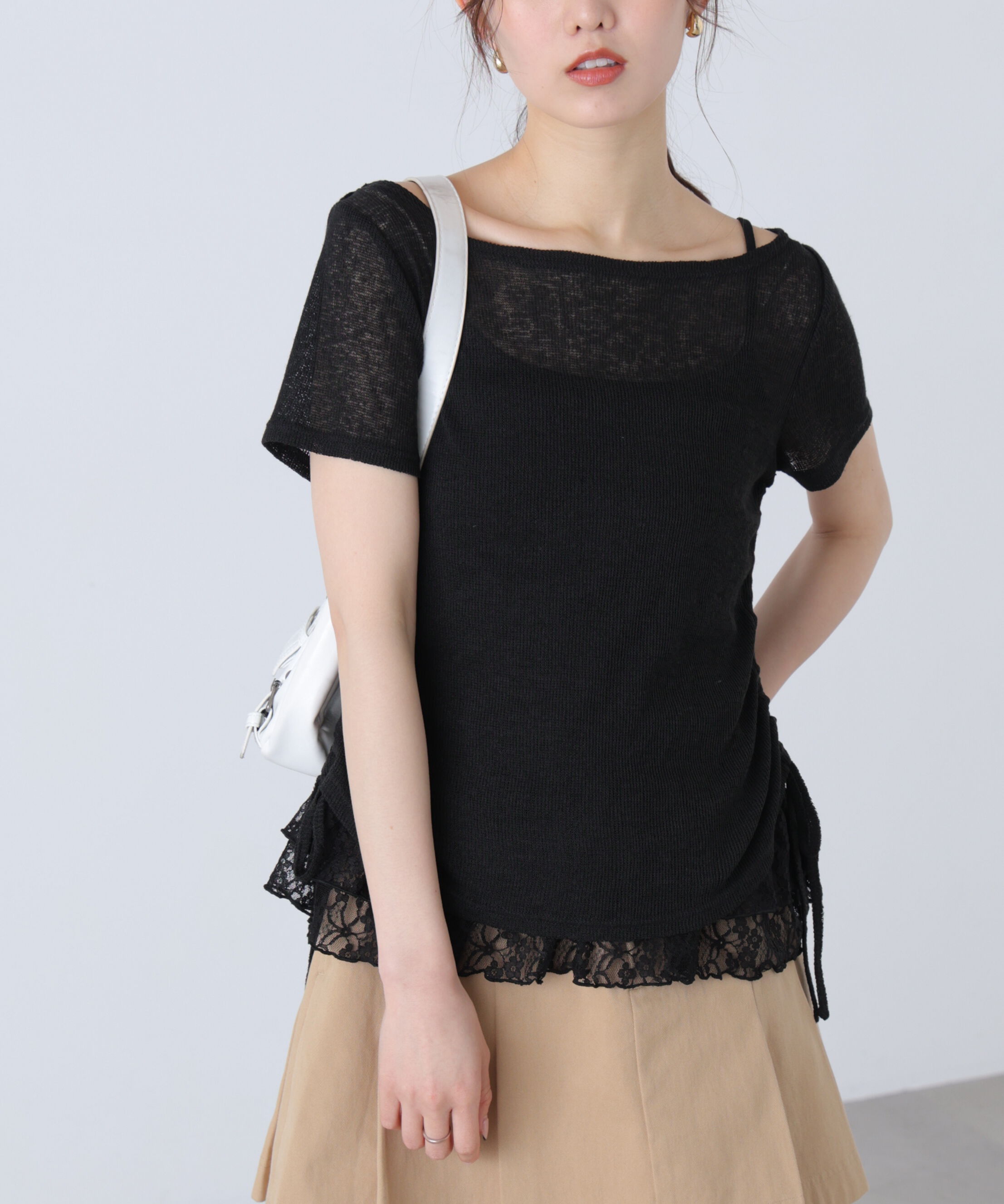  「メランジドロスト半袖レースティアードキャミセット」|Tシャツ・カットソー|