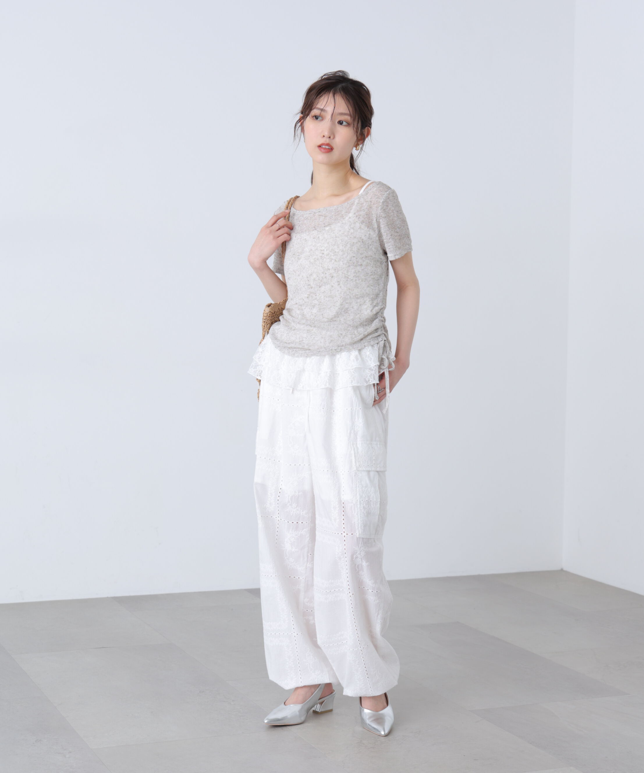  「メランジドロスト半袖レースティアードキャミセット」|Tシャツ・カットソー|