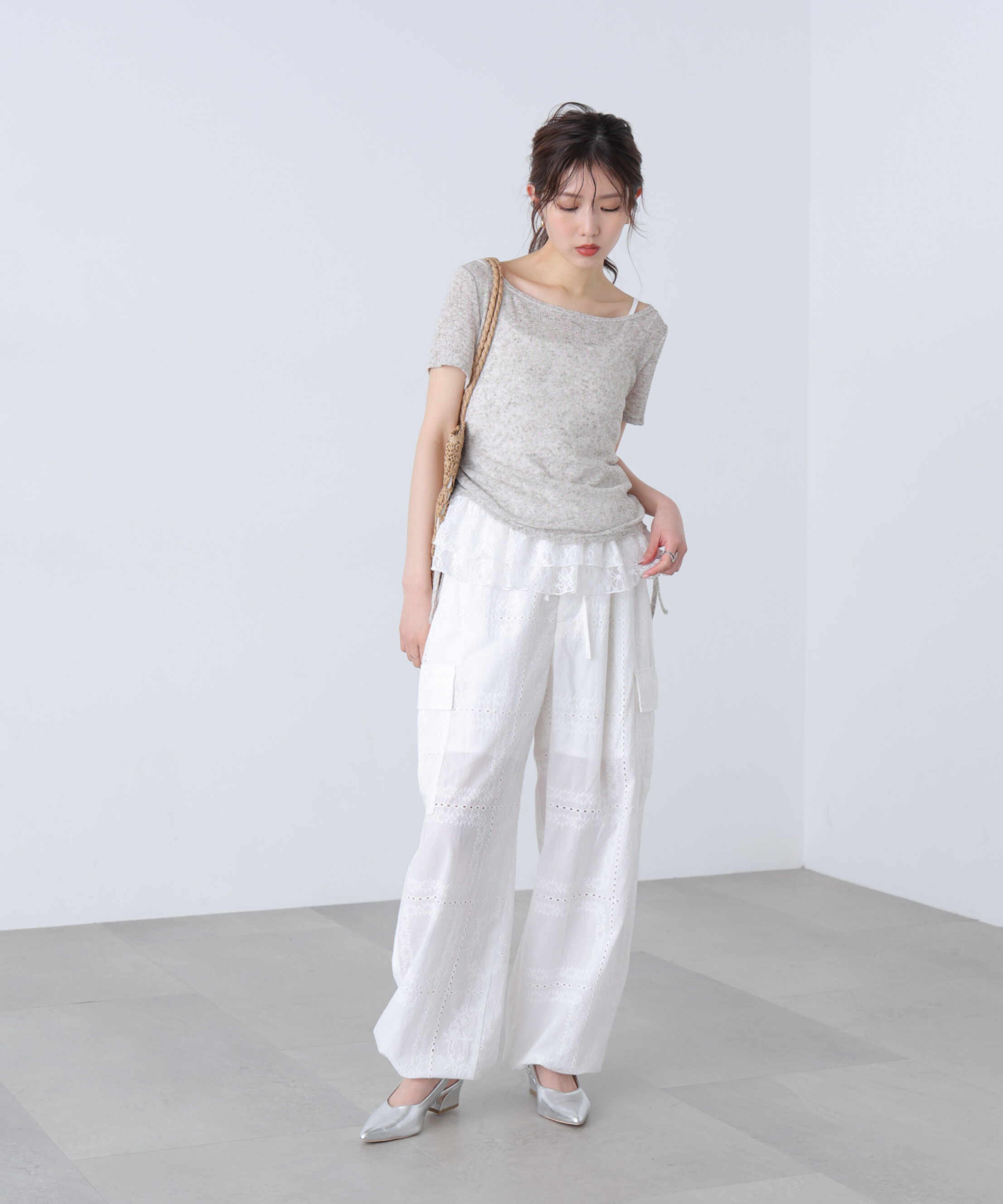  「メランジドロスト半袖レースティアードキャミセット」|Tシャツ・カットソー|