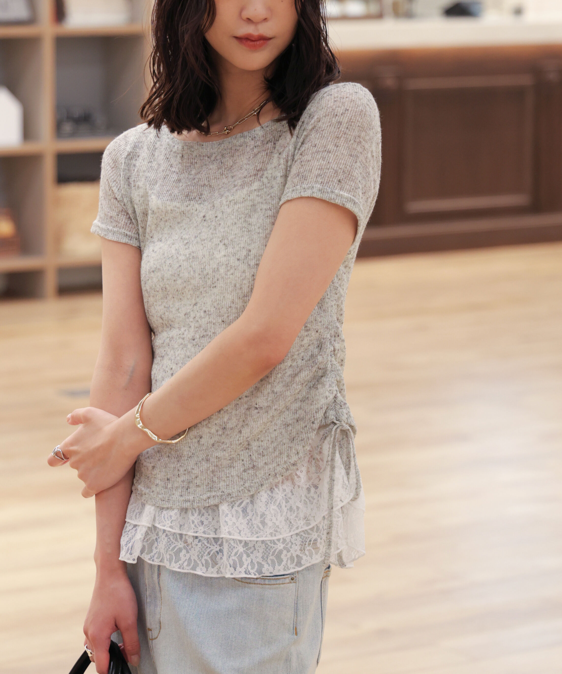  「メランジドロスト半袖レースティアードキャミセット」|Tシャツ・カットソー|