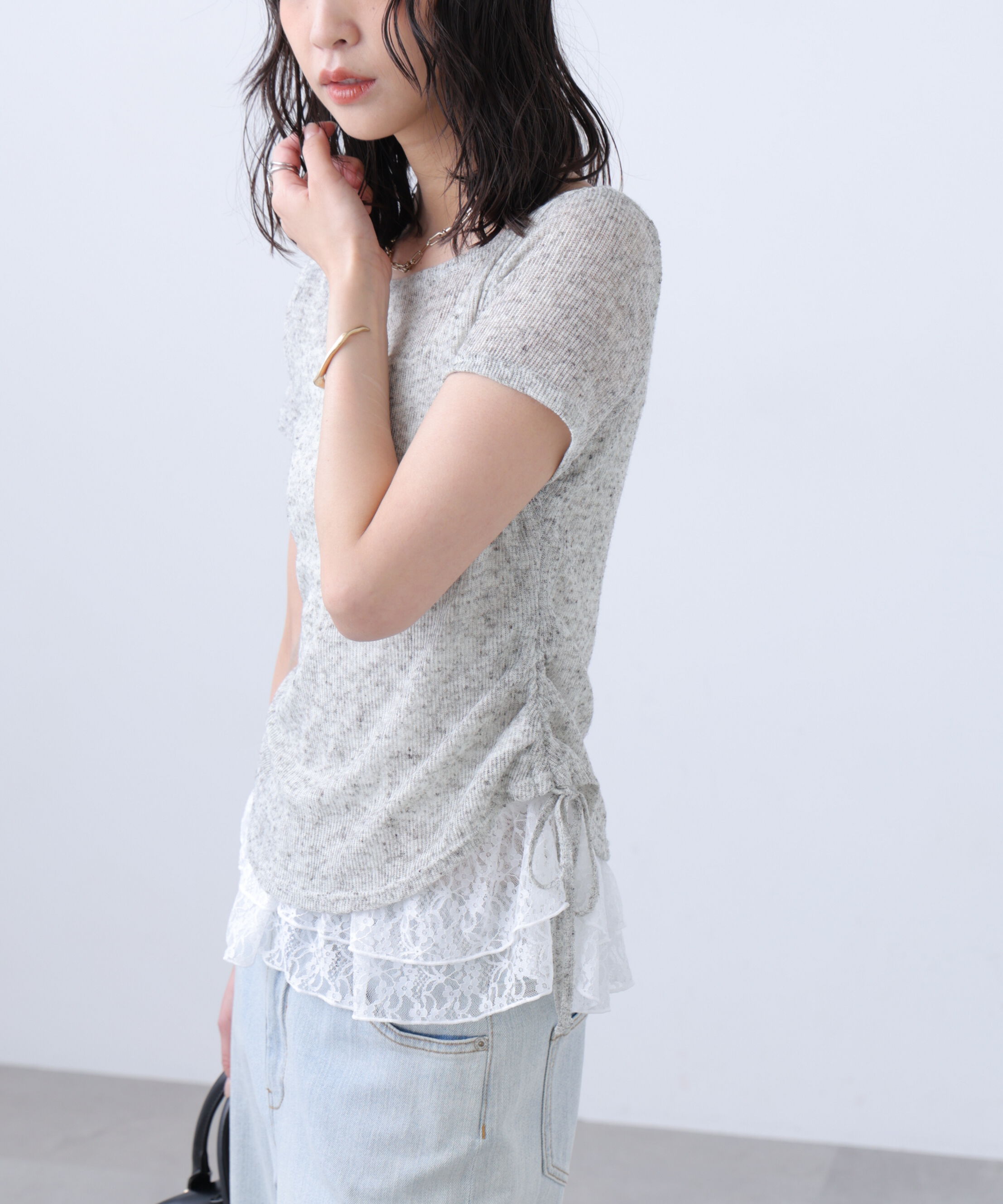  「メランジドロスト半袖レースティアードキャミセット」|Tシャツ・カットソー|