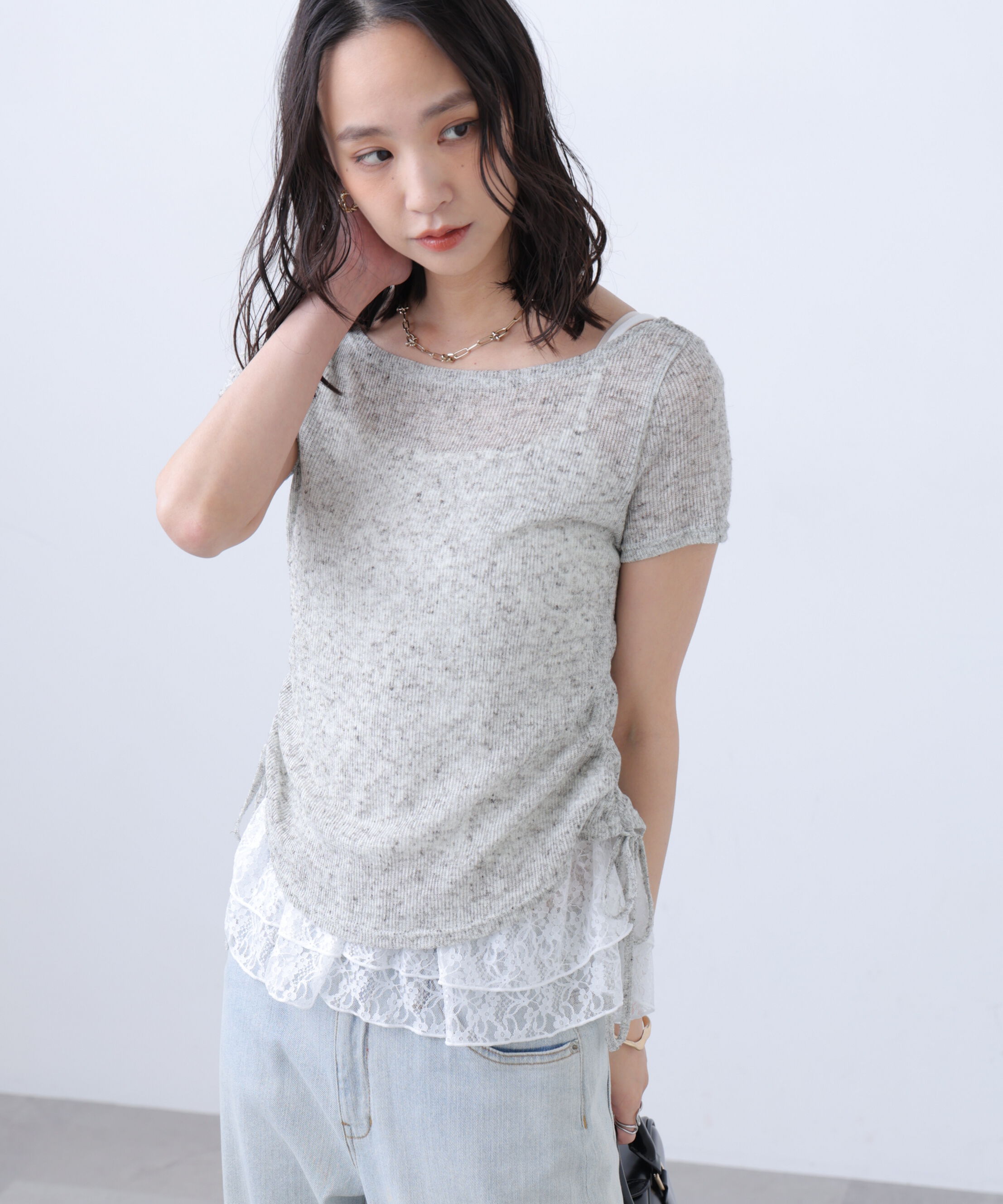  「メランジドロスト半袖レースティアードキャミセット」|Tシャツ・カットソー|