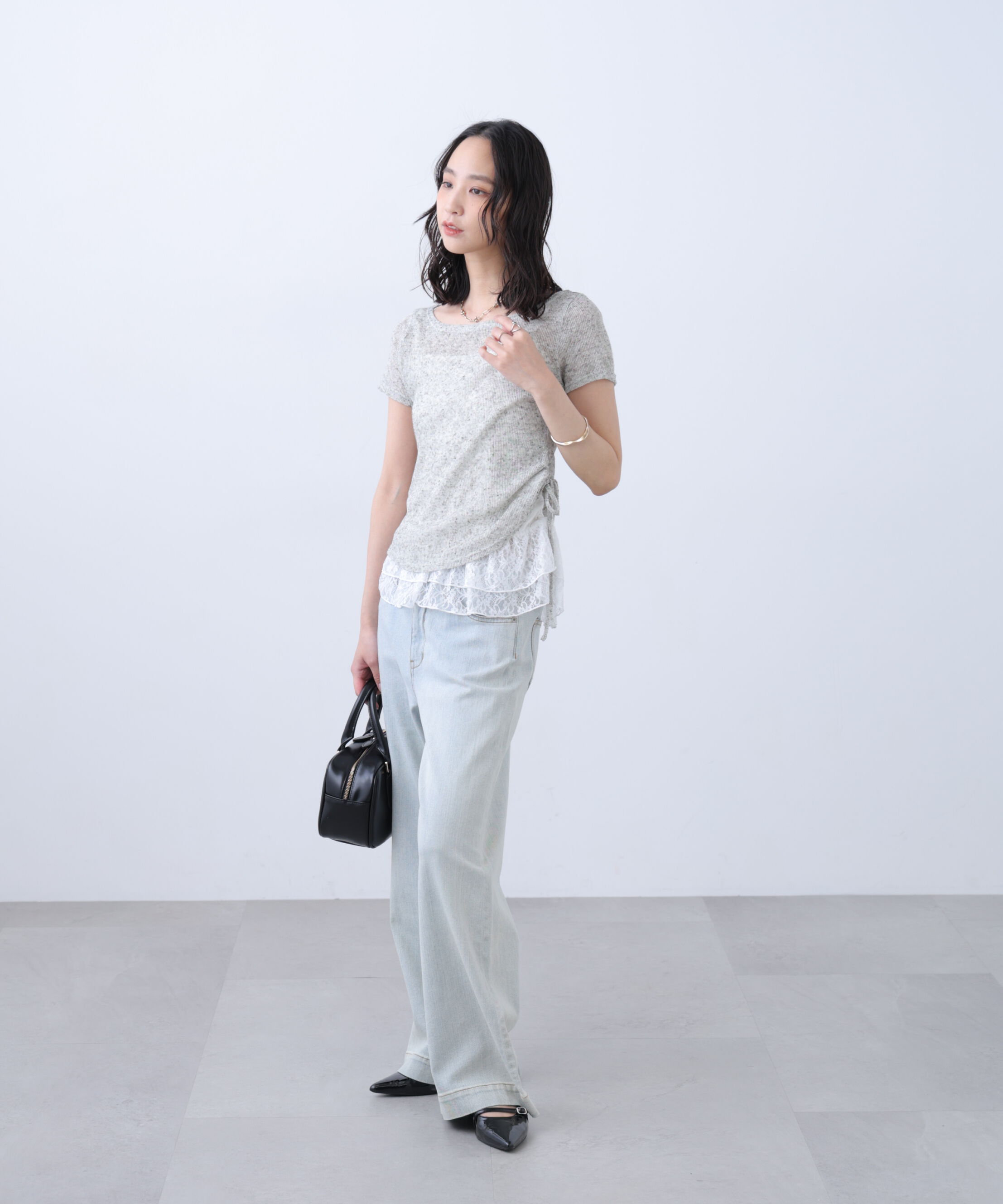  「メランジドロスト半袖レースティアードキャミセット」|Tシャツ・カットソー|