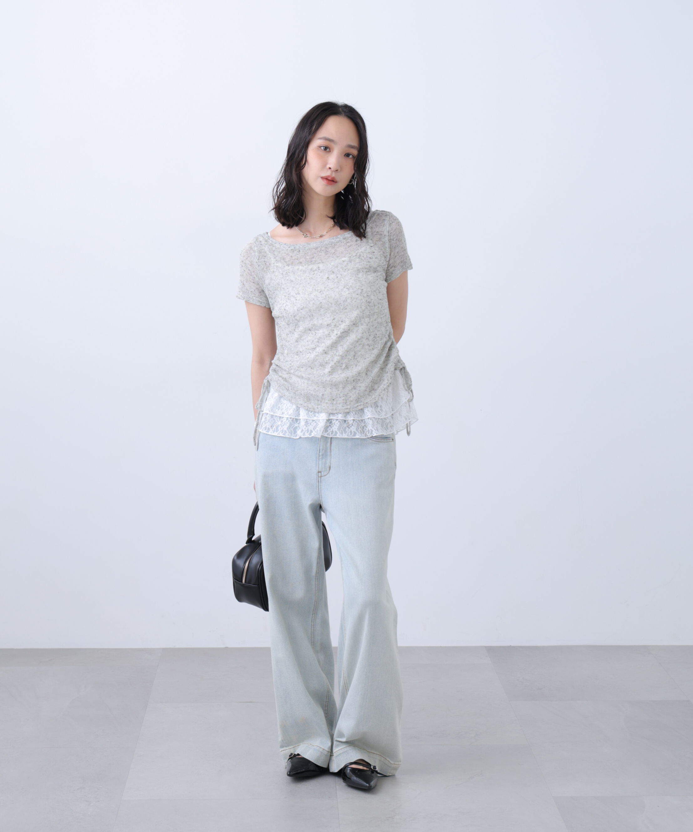 「メランジドロスト半袖レースティアードキャミセット」|Tシャツ・カットソー|