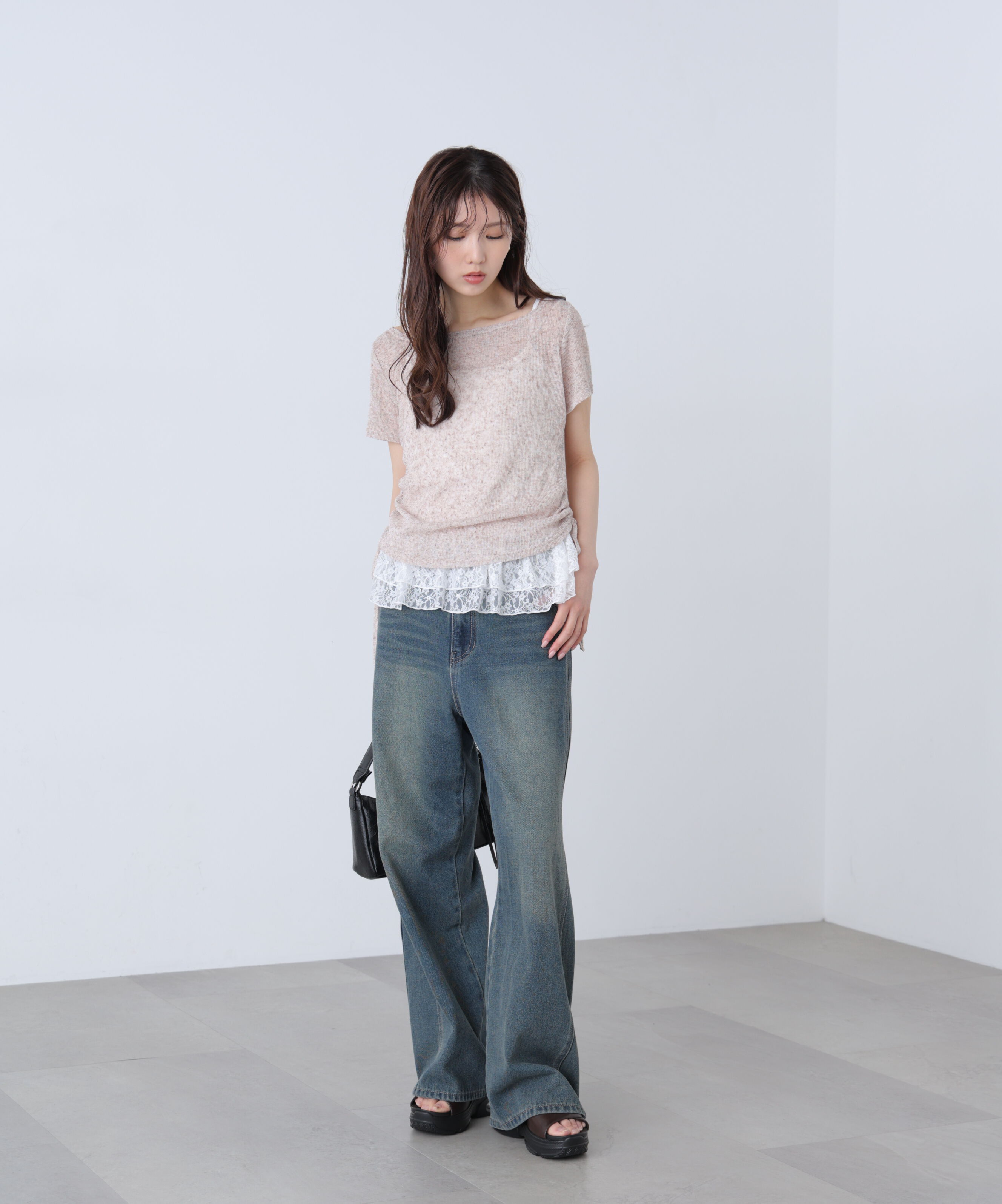  「メランジドロスト半袖レースティアードキャミセット」|Tシャツ・カットソー|