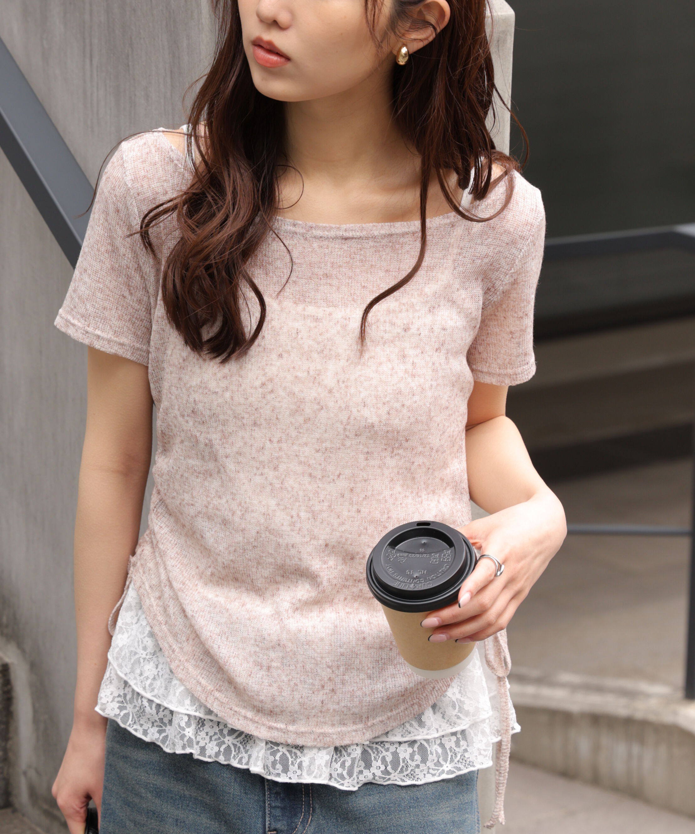  「メランジドロスト半袖レースティアードキャミセット」|Tシャツ・カットソー|