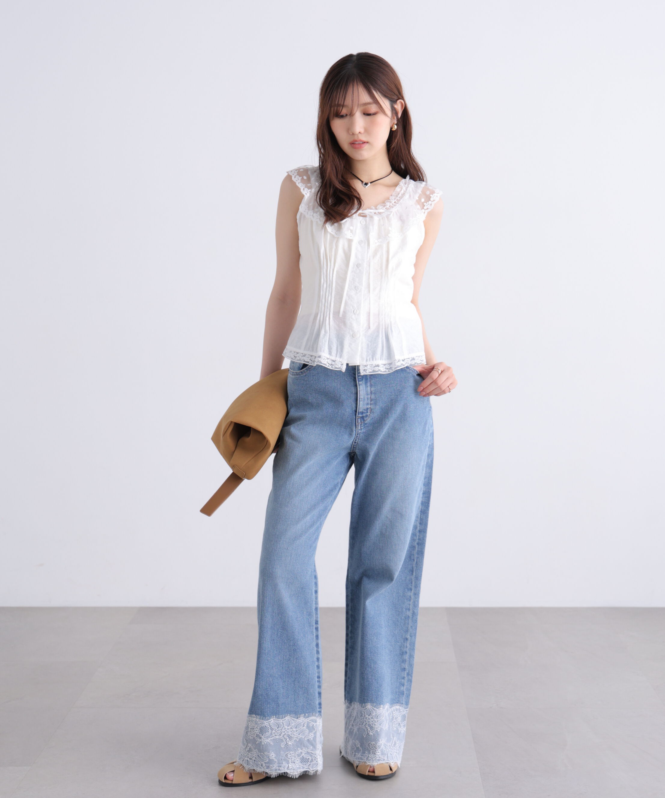  「[低身長サイズ/Sシリーズ]ベーシックワイド裾レースデニムパンツ」|その他|