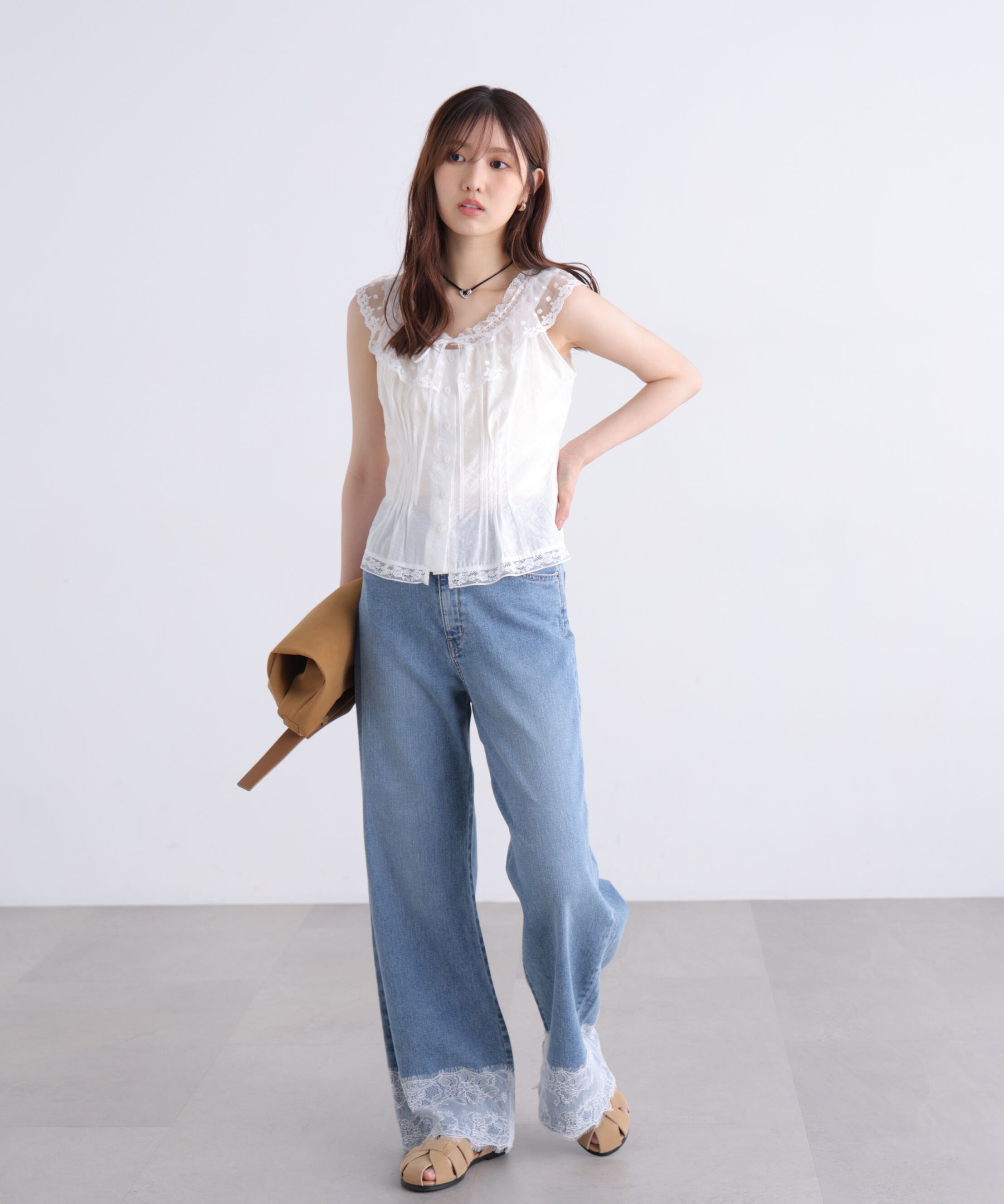  「[低身長サイズ/Sシリーズ]ベーシックワイド裾レースデニムパンツ」|その他|