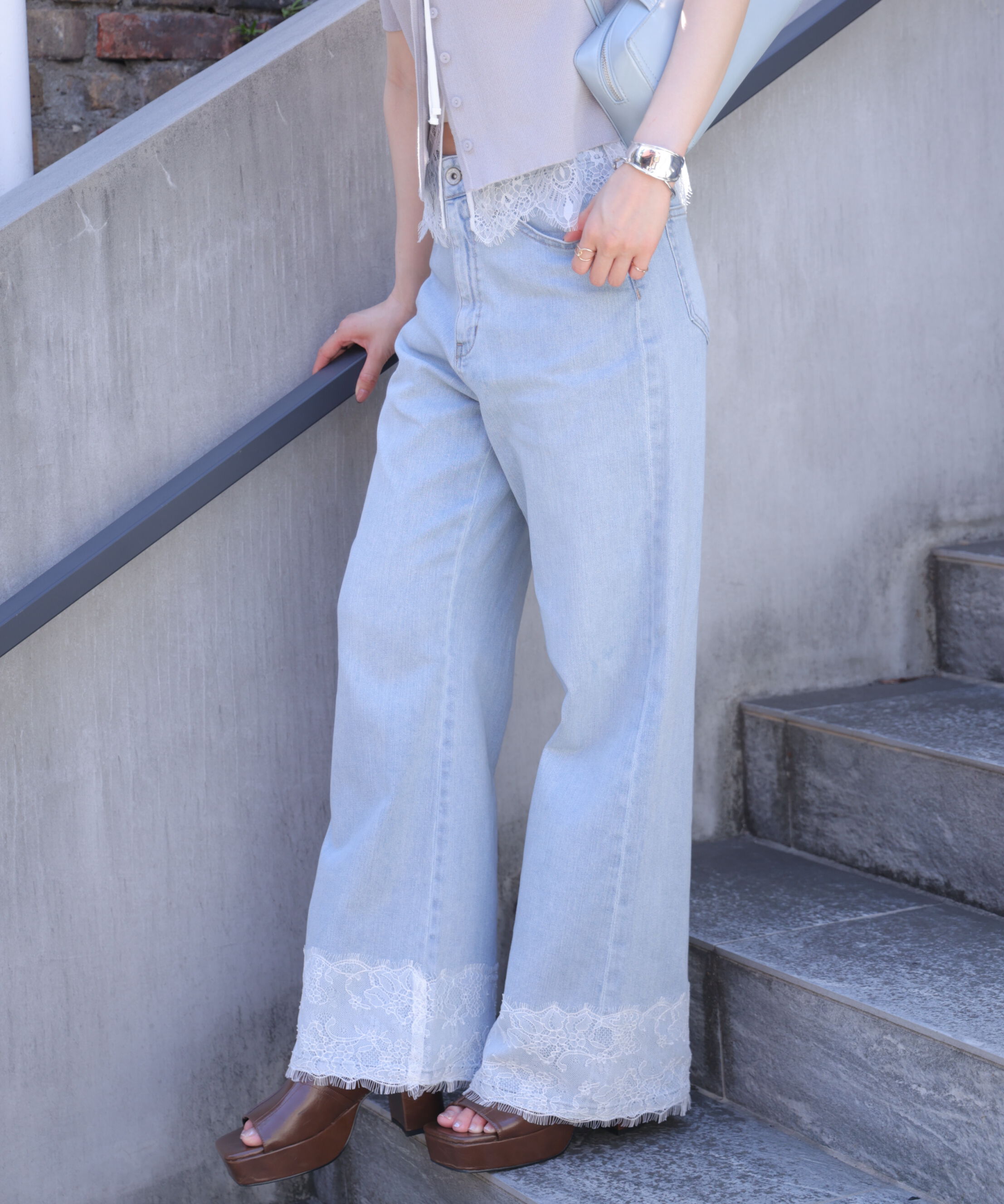  「[低身長サイズ/Sシリーズ]ベーシックワイド裾レースデニムパンツ」|その他|