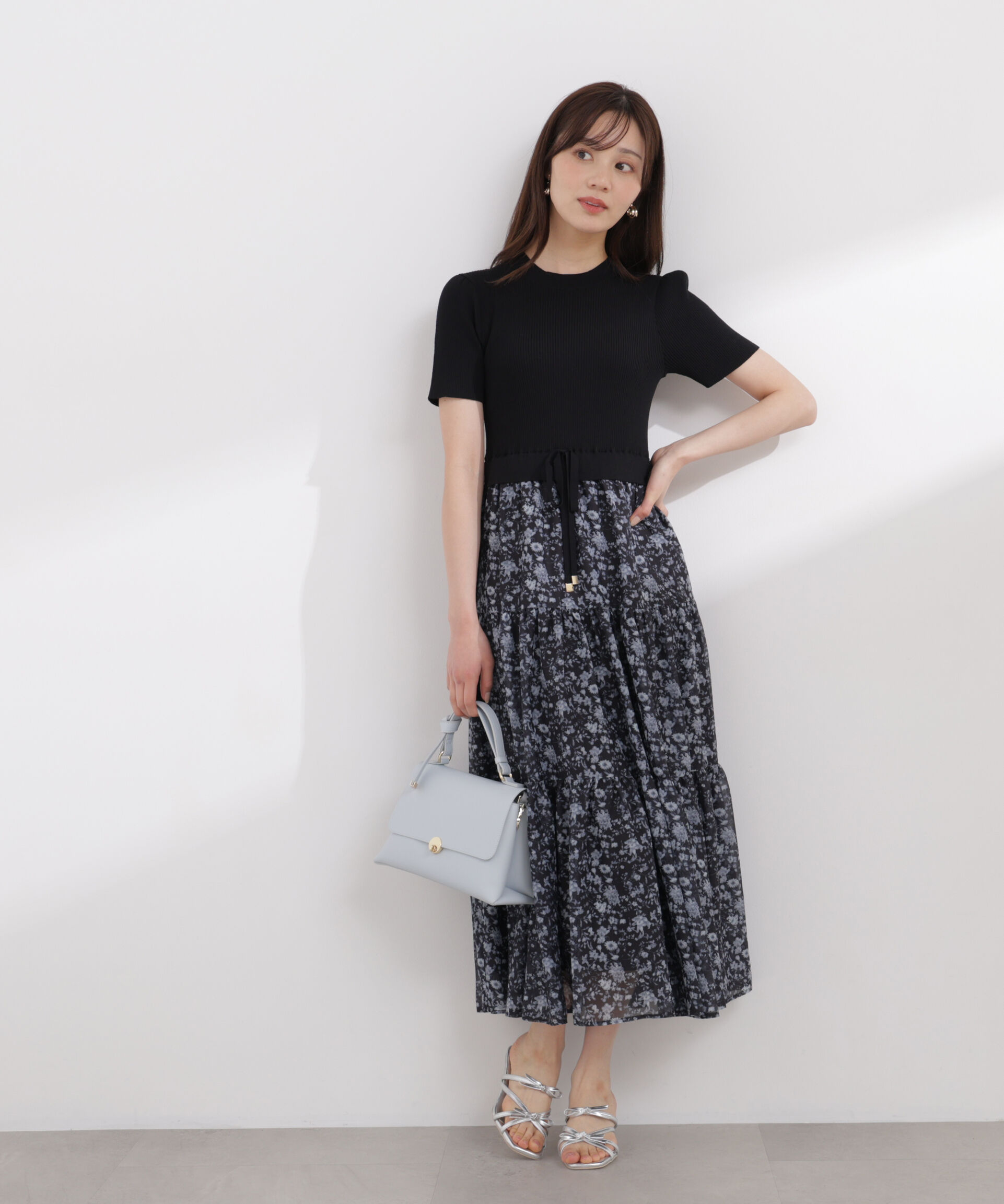 PROPORTION BODY DRESSING「半袖花柄ドッキングニットワンピース 26SS」|ワンピース|ブラック&times;ブラ