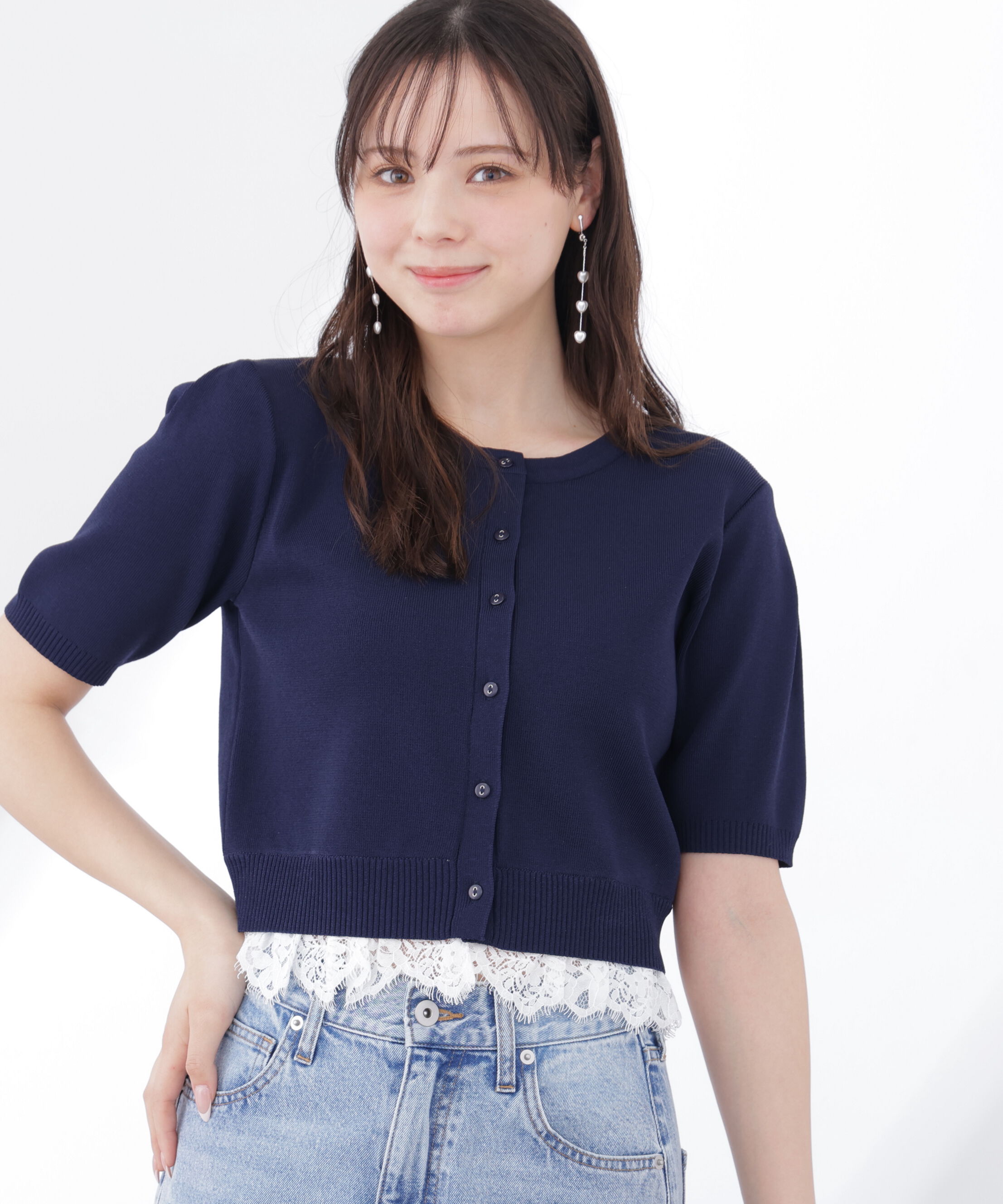 PROPORTION BODY DRESSING「レーストリムショートカーディガン」|カーディガン|