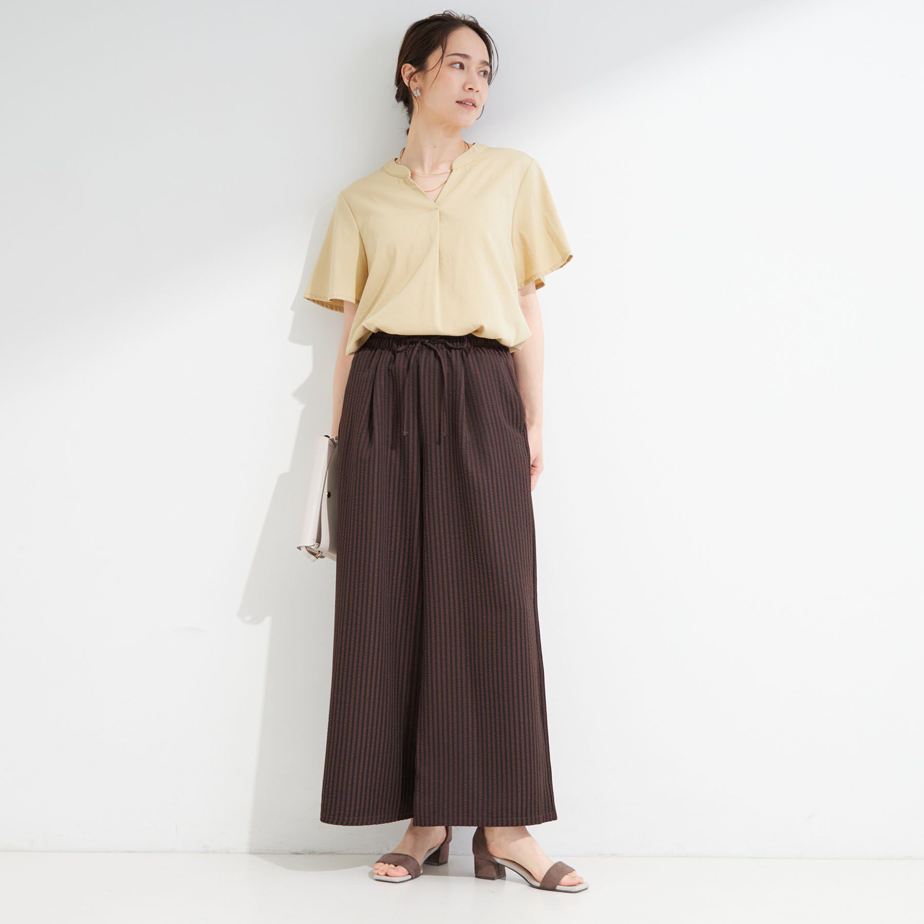 SHOO･LA･RUE「【S-LL/体型カバー】穿くだけでこなれスタイルに サッカーストライプ イージーワイドパンツ」|その他|