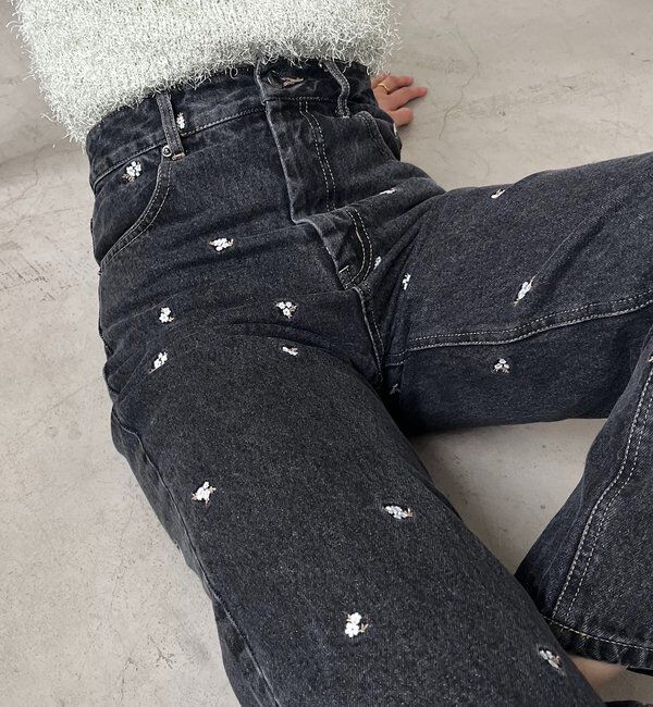  「【低身長サイズあり】小花刺繍デニム」|デニム|