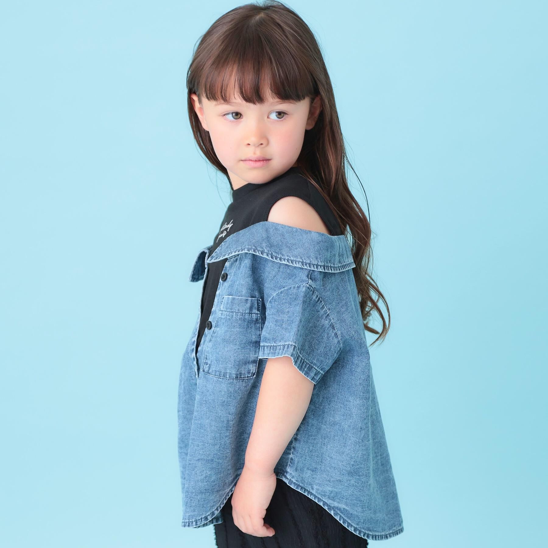 SHOO･LA･RUE「【120-150cm】肩あきデニムドッキングシャツ」|Tシャツ・カットソー|