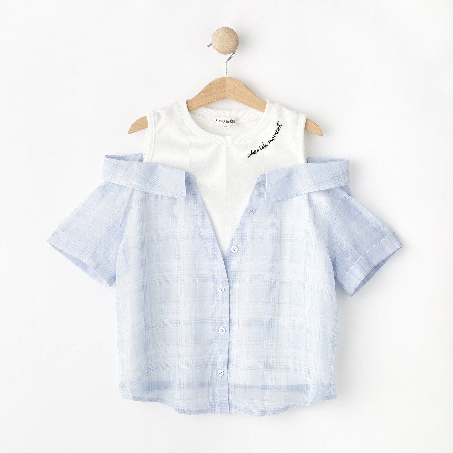SHOO･LA･RUE「【110-140cm】チェックシャツデザイントップス」|Tシャツ・カットソー|サックスブルー(29