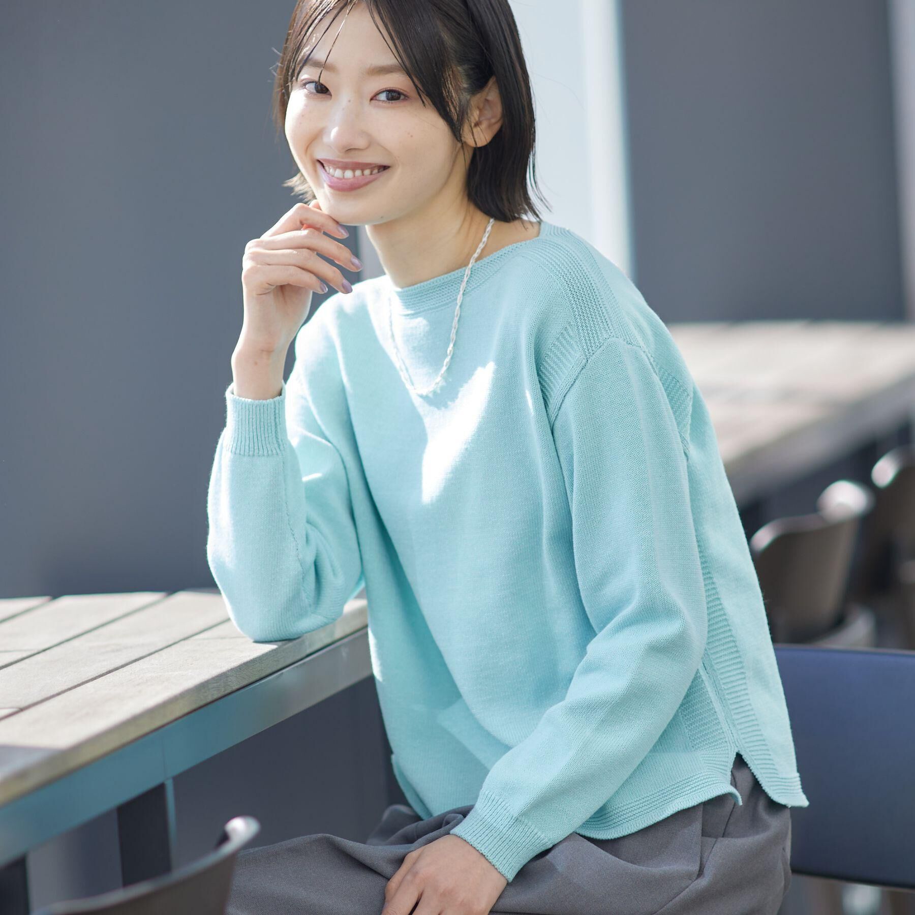 Dessin「【洗える】ミドルゲージボートネックカラーニット」|ニット・セーター|ブルー(091)