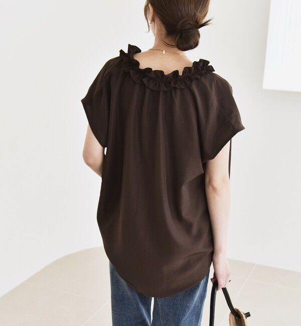 quaranciel「quaranciel:〈洗濯機可能〉フリルカラー リボン フレンチスリーブ ブラウス」|シャツ・ブラウス|