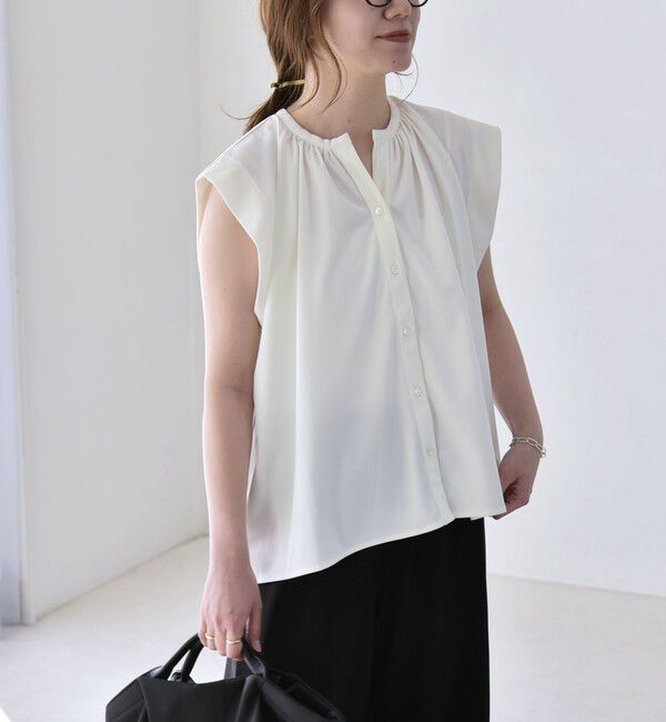quaranciel「quaranciel:〈接触冷感/UVカット/吸水速乾/洗濯機可能〉スキッパー ギャザー シャツ カットソー」|シャツ・ブラウス|