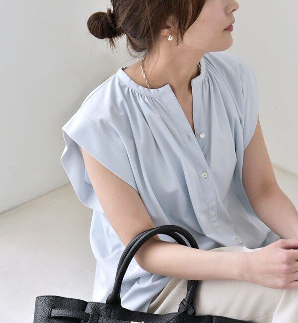 quaranciel「quaranciel:〈接触冷感/UVカット/吸水速乾/洗濯機可能〉スキッパー ギャザー シャツ カットソー」|シャツ・ブラウス|