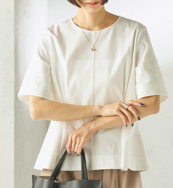 SHIPS for women「〈手洗い可能〉シルケット ポンチ レース コンビ プルオーバー」|Tシャツ・カットソー|ホワイト