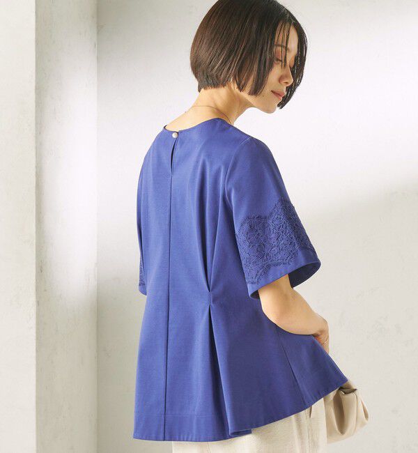 SHIPS for women「〈手洗い可能〉シルケット ポンチ レース コンビ プルオーバー」|Tシャツ・カットソー|ブルー
