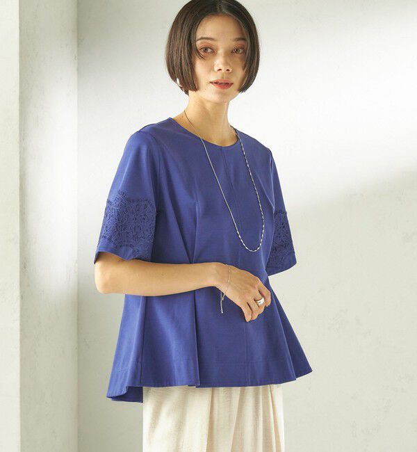 SHIPS for women「〈手洗い可能〉シルケット ポンチ レース コンビ プルオーバー」|Tシャツ・カットソー|