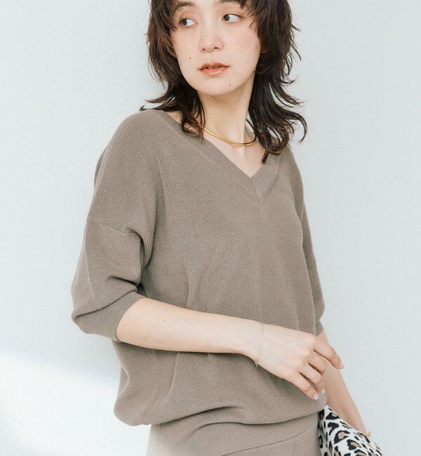  「【ドライタッチ素材/手洗い可】ギマコットン片畦Vネックニット」|ニット・セーター|