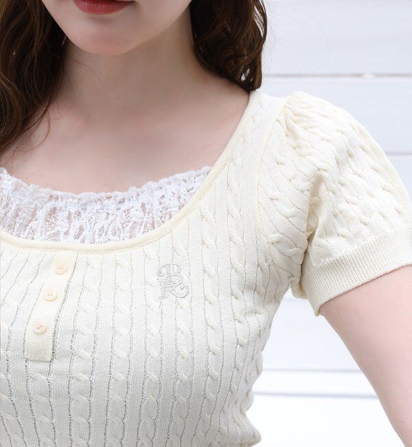 「刺繍入りレースドッキングケーブルニット」|ニット・セーター|