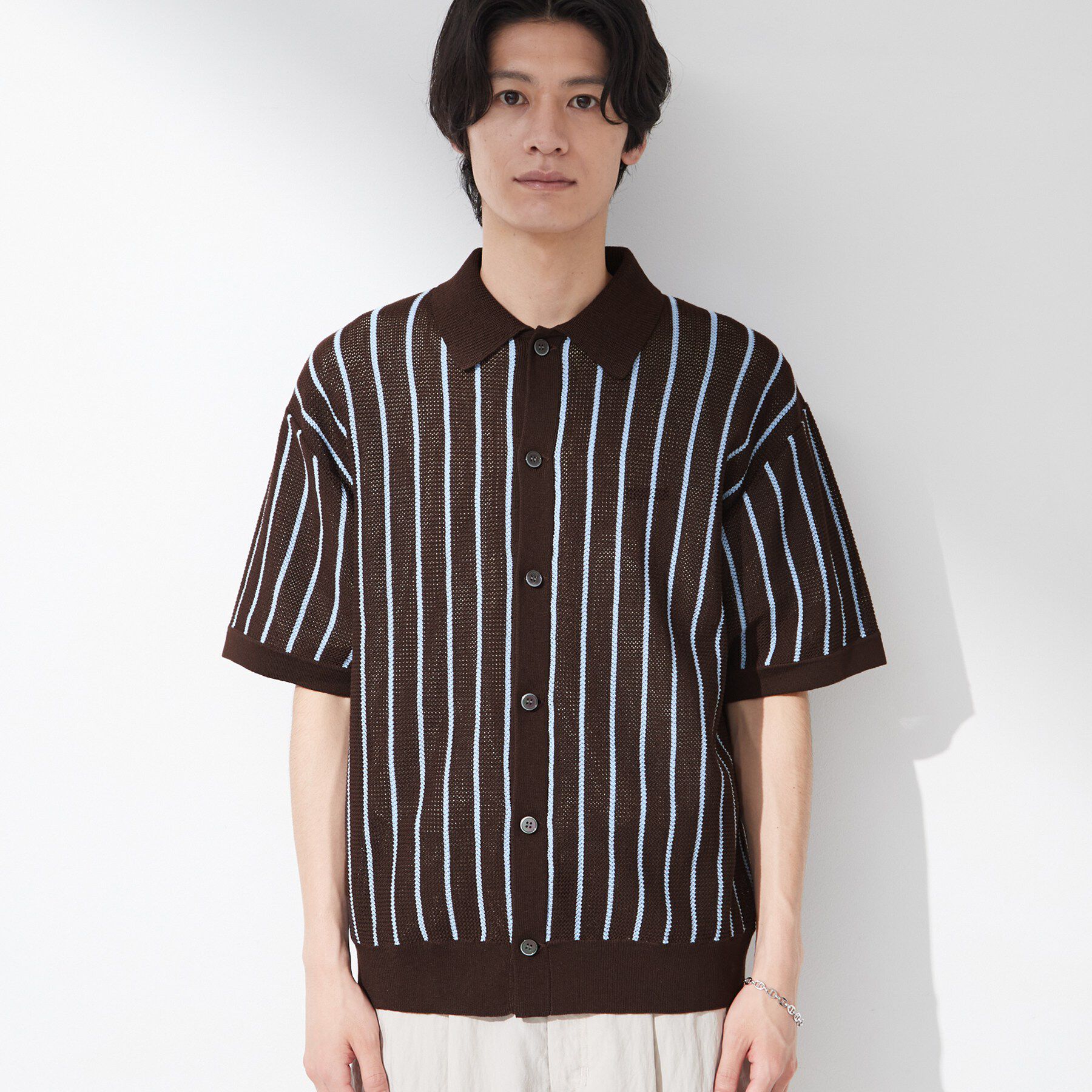 THE SHOP TK「【マシンウォッシャブル】ニットストライプ半袖シャツ」|ニット・セーター|