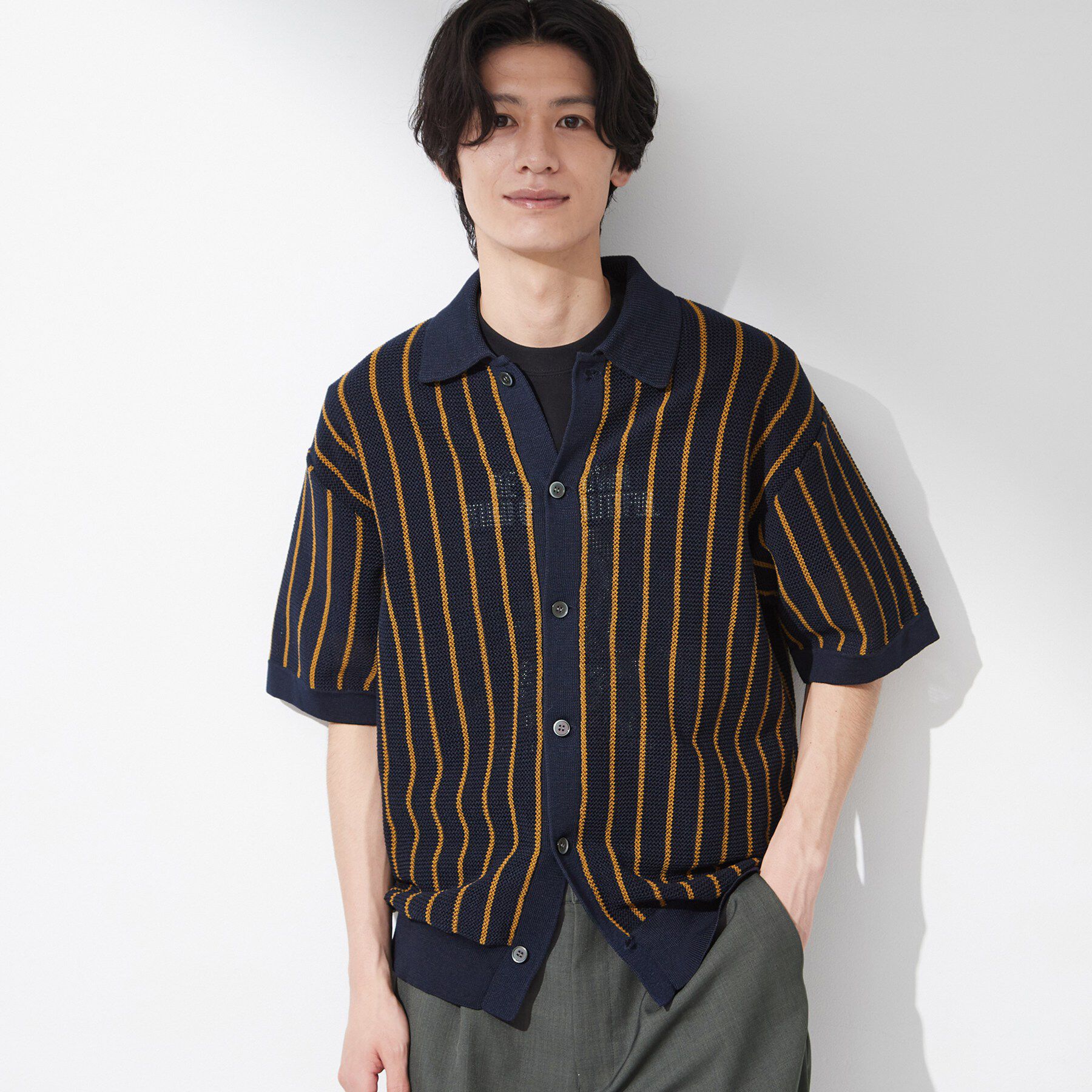 THE SHOP TK「【マシンウォッシャブル】ニットストライプ半袖シャツ」|ニット・セーター|