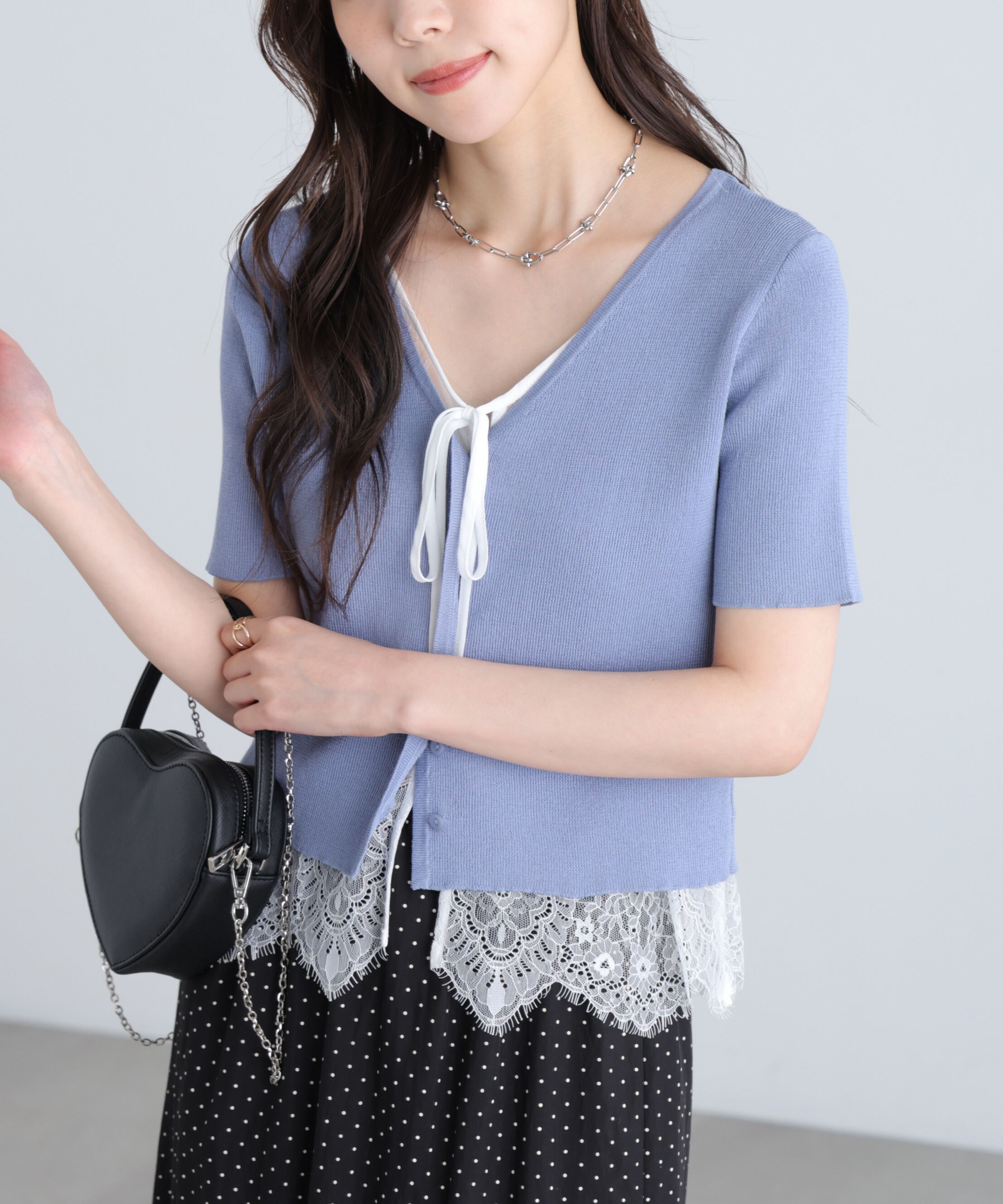  「レースレイヤードフロントボタン半袖ニット」|ニット・セーター|