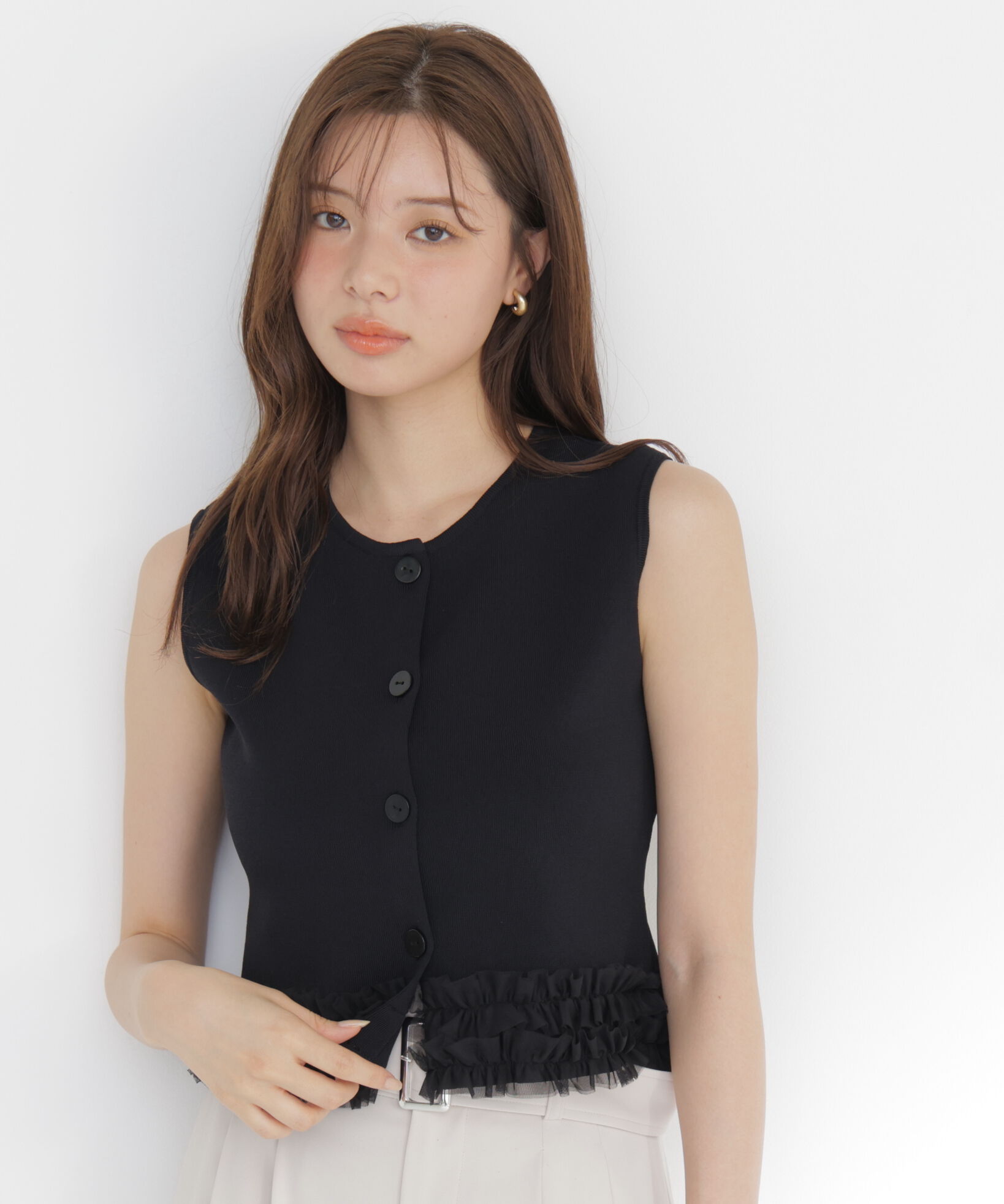 PROPORTION BODY DRESSING「＜a/mie＞ノースリーブフリルヘムニット」|カーディガン|