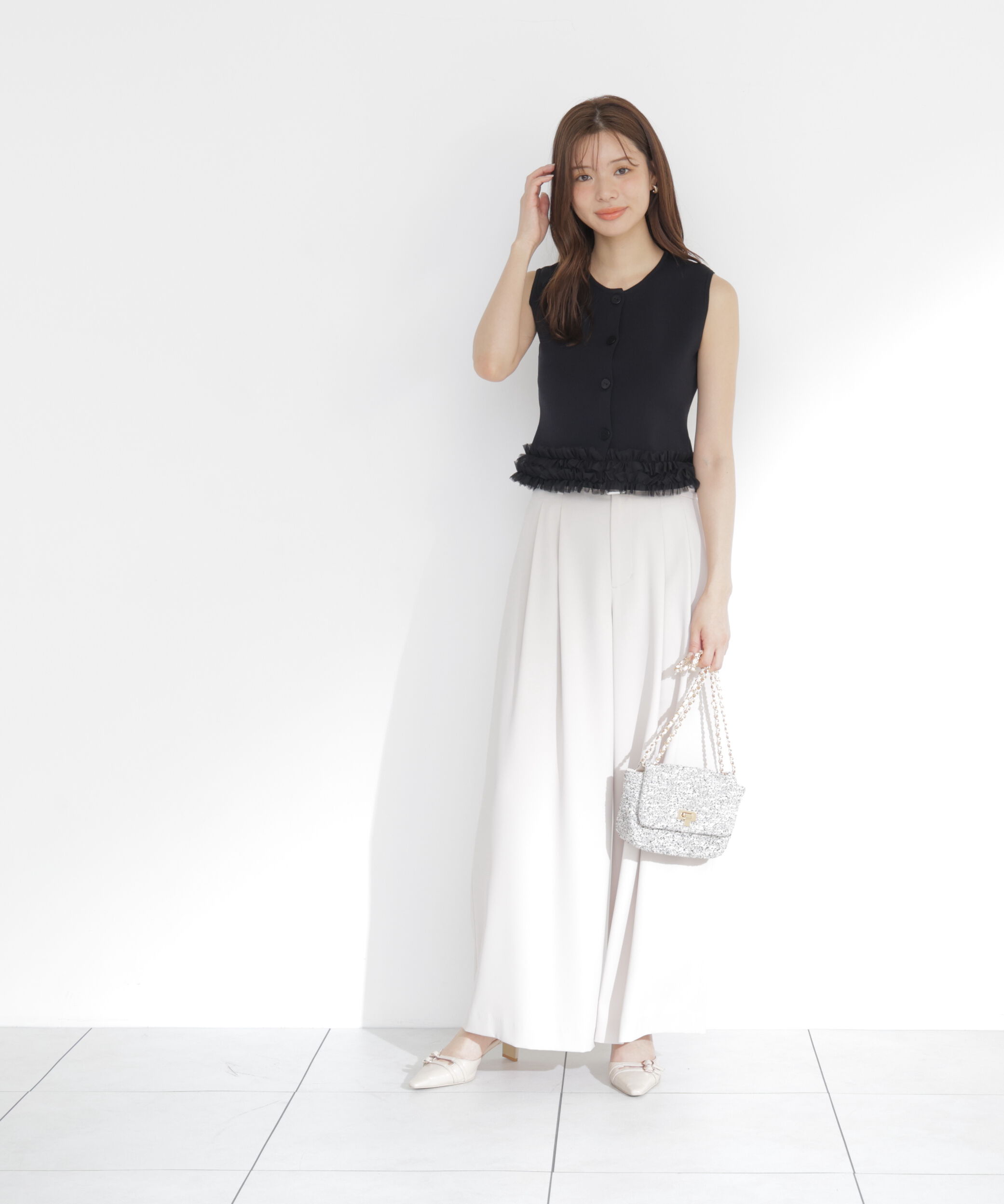 PROPORTION BODY DRESSING「＜a/mie＞ノースリーブフリルヘムニット」|カーディガン|