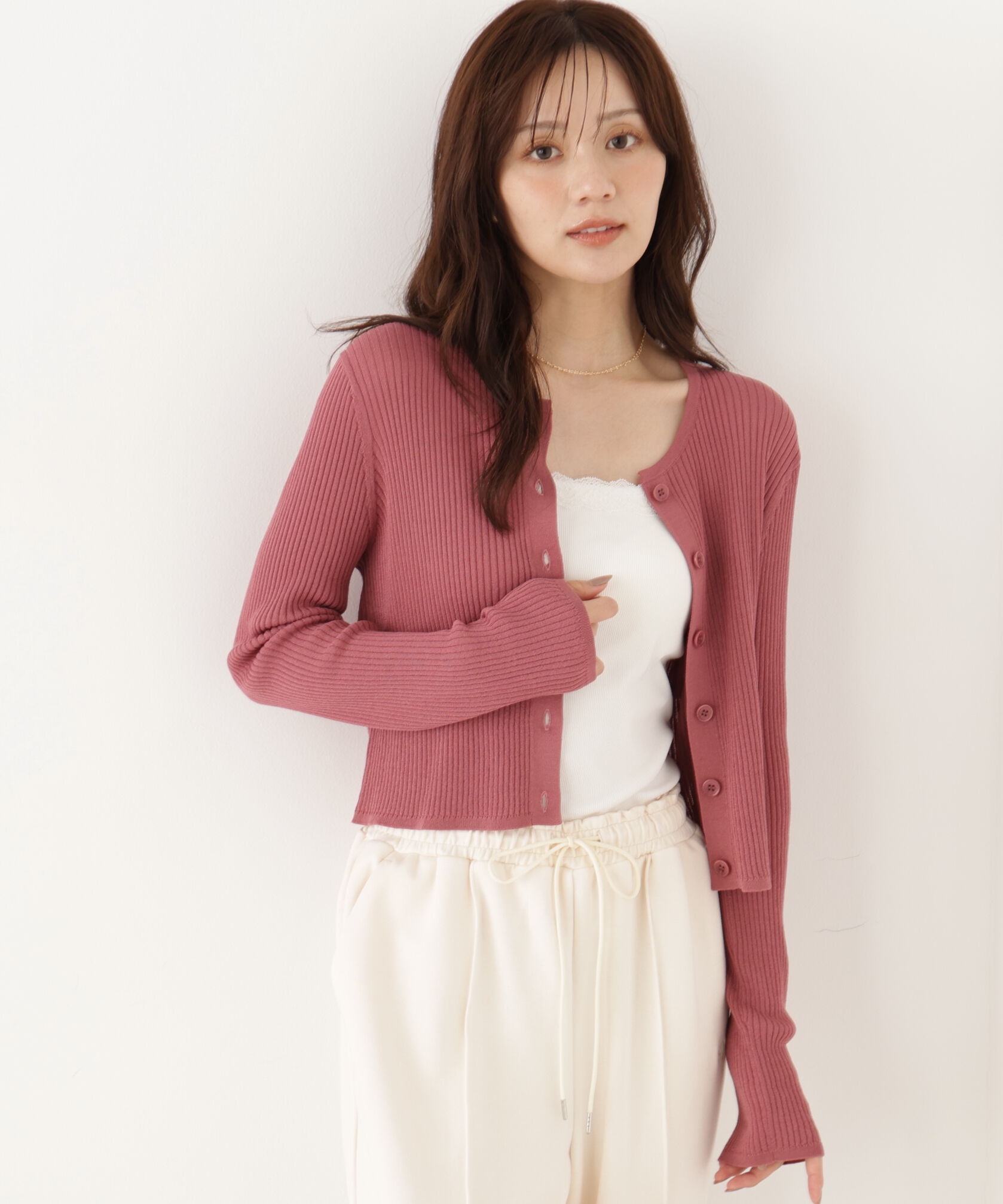 PROPORTION BODY DRESSING「＜a/mie＞リブニットカーディガン」|カーディガン|ピンク